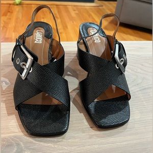 Women’s size 8 (39) LABUCQ black embossed leather heel sandals